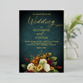 Rustic Teal | Orange | Red Floral Bouquet Wedding 箔招待状 (立ち正面)