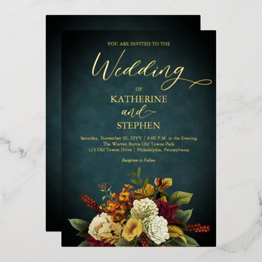 Rustic Teal | Orange | Red Floral Bouquet Wedding 箔招待状 (正面/裏面)