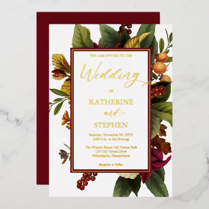 Rustic Teal Orange Red Floral Bouquet Wedding 箔招待状