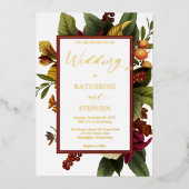 Rustic Teal | Orange | Red Floral Bouquet Wedding 箔招待状 (正面)