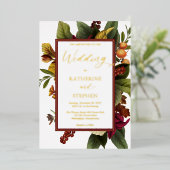 Rustic Teal | Orange | Red Floral Bouquet Wedding 箔招待状 (立ち正面)