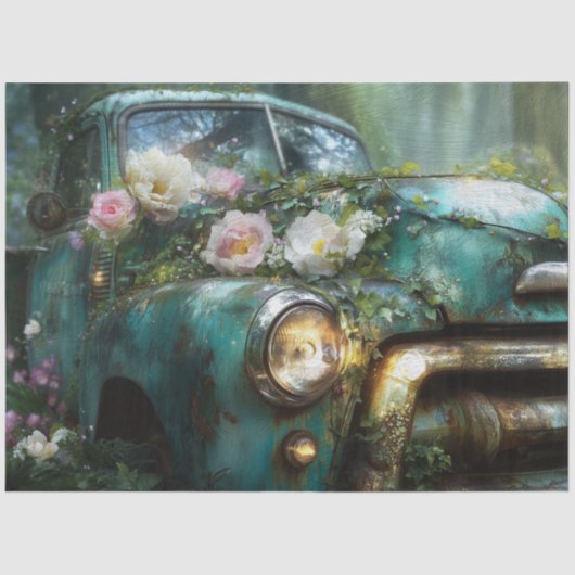 Rustic Teal Rose Truck Decoupage 薄葉紙 (正面)
