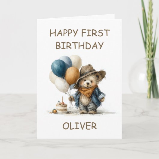 Rustic Teddy Bear 1st Birthday カード (正面)