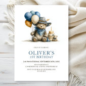Rustic Teddy Bear 1st Birthday Party Invitation 招待状
