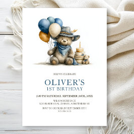 Rustic Teddy Bear 1st Birthday Party Invitation 招待状