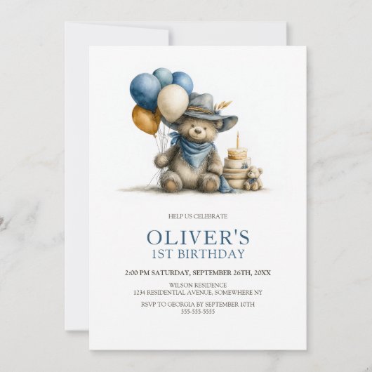 Rustic Teddy Bear 1st Birthday Party Invitation 招待状 (正面)