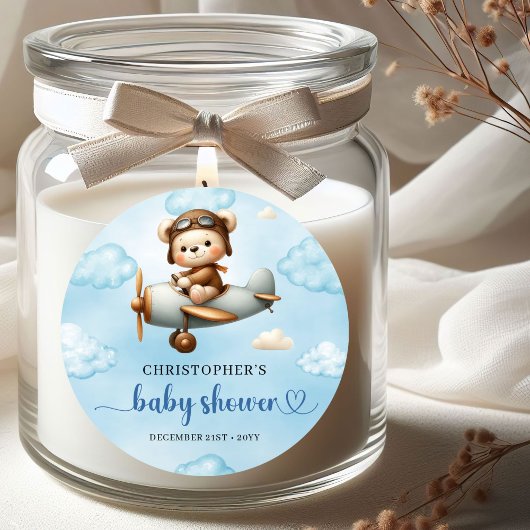 Rustic Teddy Bear Aviator Blue Brown Boy Baby Show ラウンドシール