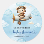 Rustic Teddy Bear Aviator Blue Brown Boy Baby Show ラウンドシール (正面)