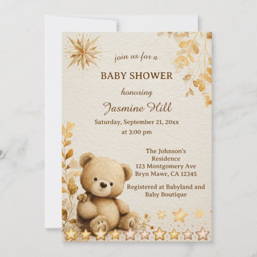 Rustic Teddy Bear Baby Shower olden Stars 招待状 (正面)
