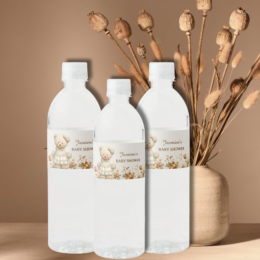Rustic Teddy Bear Floral Baby Shower ペットボトルラベル