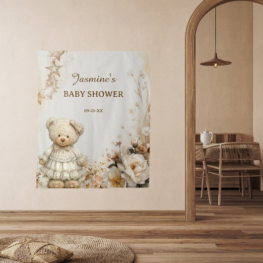 Rustic Teddy Bear Floral Baby Shower Backdrop タペストリー