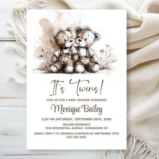Rustic Teddy Bear Twins Baby Shower 招待状