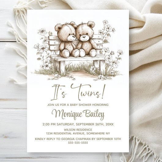 Rustic Teddy Bear Twins Baby Shower 招待状