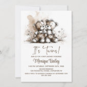 Rustic Teddy Bear Twins Baby Shower 招待状 (正面)