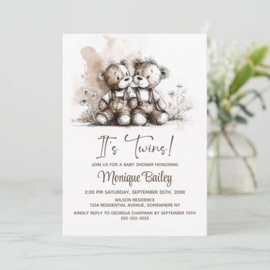 Rustic Teddy Bear Twins Baby Shower 招待状 (スタンド正面)