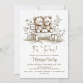 Rustic Teddy Bear Twins Baby Shower 招待状 (正面)