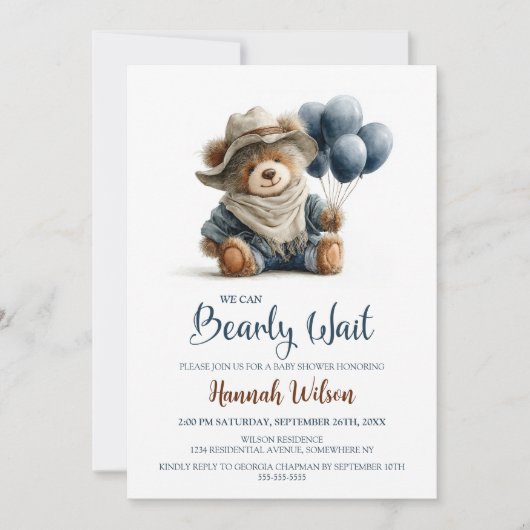 Rustic Teddy Bear We Can Bearly Wait Baby Shower 招待状 (正面)