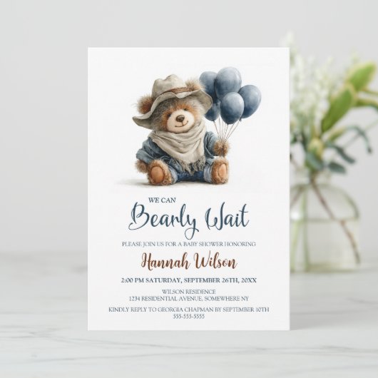 Rustic Teddy Bear We Can Bearly Wait Baby Shower 招待状 (スタンド正面)