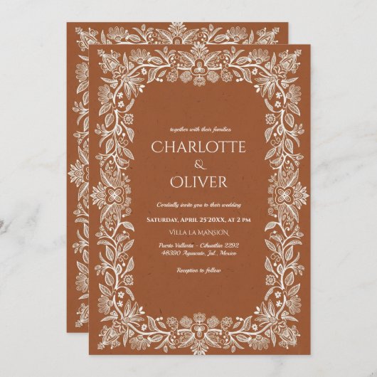 Rustic Terracotta Floral Frame Wedding Invitation  招待状 (正面/裏面)