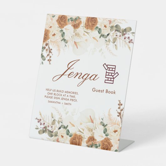 Rustic Terracotta Floral Jenga Guest Book Sign 台座サイン (正面)