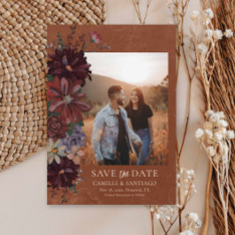 Rustic Terracotta Floral Photo Save the Date Card セーブザデート