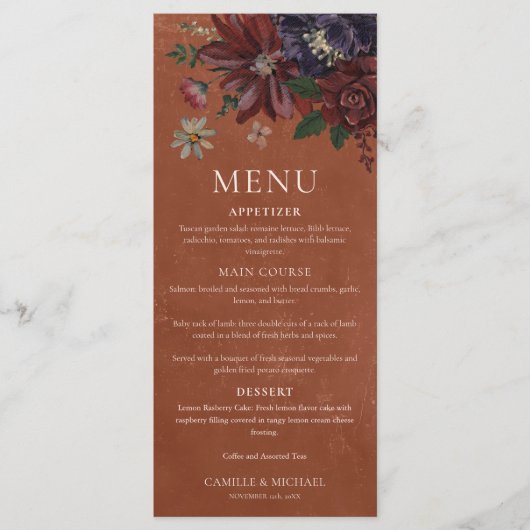 Rustic Terracotta Floral Wedding Menu Card  メニュー (正面)