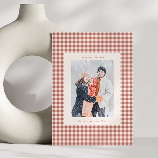 Rustic Terracotta Gingham Plaid Christmas Photo シーズンカード