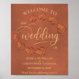 Rustic Terracotta Leaves Fall Wedding Welcome Sign ポスター