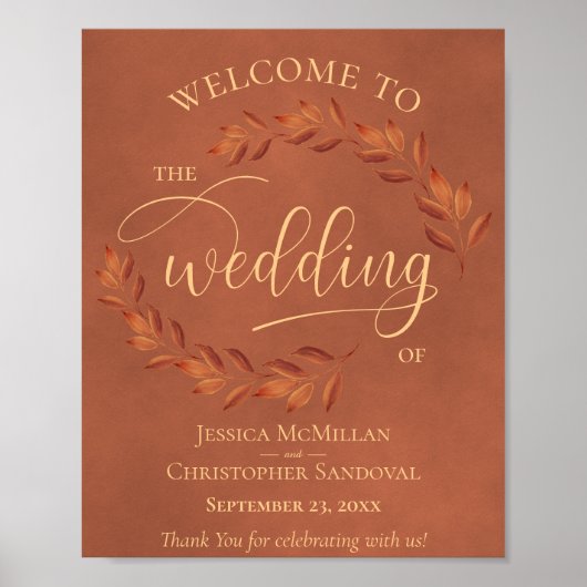 Rustic Terracotta Leaves Fall Wedding Welcome Sign ポスター (正面)