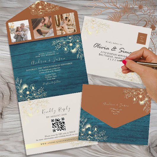 Rustic Terracotta Teal Fall Wedding オールインワン招待状