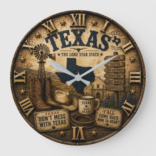 Rustic Texas Western Cowboy Lone Star State ラージ壁時計 (正面)