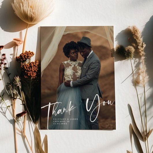 Rustic Thank You Script ウェディング 縦型 写真入り サンキューカード