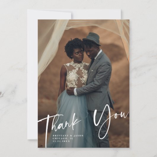 Rustic Thank You Script Wedding Vertical Photo サンキューカード (正面)
