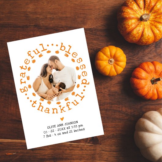 Rustic Thankful Photo Thanksgiving Baby Shower サンキューカード