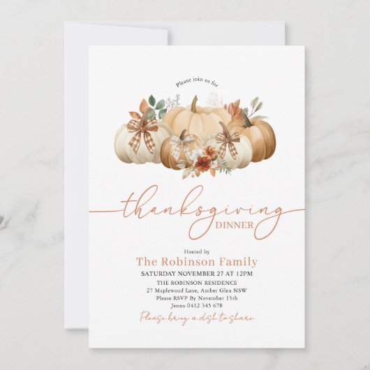 Rustic Thanksgiving Dinner Pumpkin Bows 招待状 (正面)