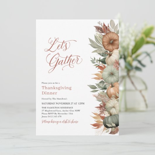 Rustic Thanksgiving Dinner Pumpkin Lets Gather 招待状 (スタンド正面)