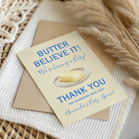 Rustic Theme Butter Yellow Blue Baby Shower  サンキューカード