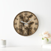 Rustic Three Cows Farmhouse Vintage Wood ラージ壁時計 (ホーム)
