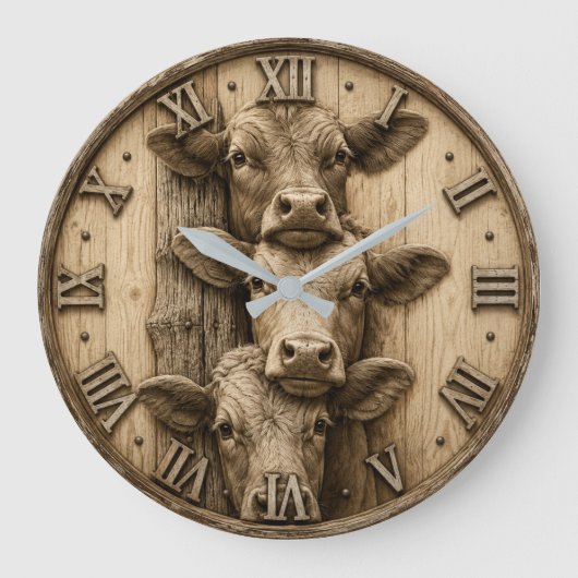 Rustic Three Cows Farmhouse Vintage Wood ラージ壁時計 (正面)