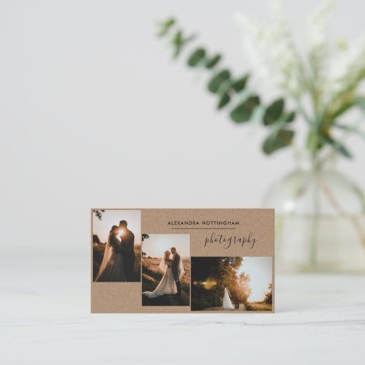 Rustic Three Photo Collage Wedding Photography 名刺 (スタンド正面)