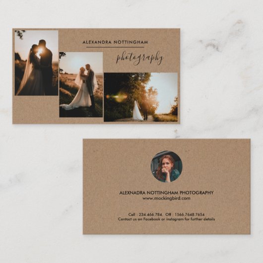 Rustic Three Photo Collage Wedding Photography 名刺 (正面/裏面)