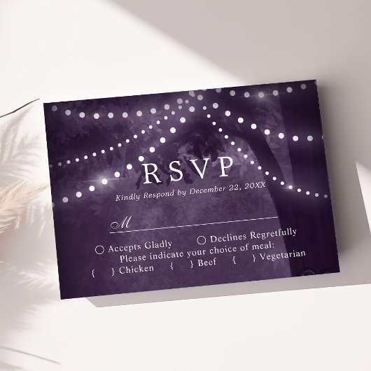 Rustic Tree String Lights 紫の結婚式RSVP 出欠カード