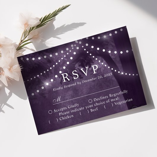Rustic Tree String Lights 紫の結婚式RSVP 出欠カード
