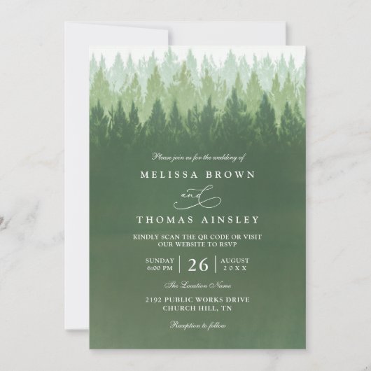 Rustic Trees Pine Forest  Elegant QR Code Wedding 招待状 (正面)