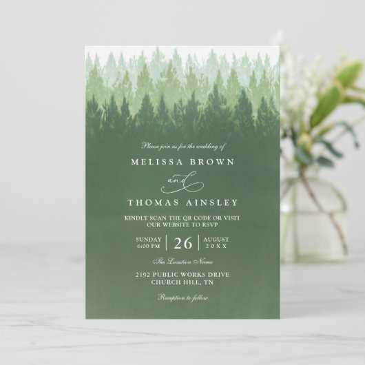Rustic Trees Pine Forest  Elegant QR Code Wedding 招待状 (スタンド正面)