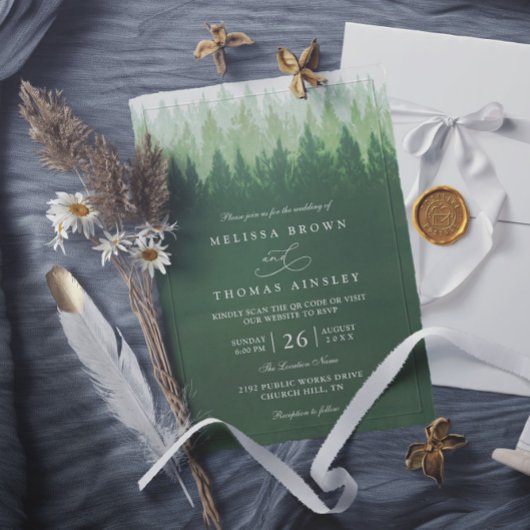 Rustic Trees Pine Forest  Elegant QR Code Wedding 招待状