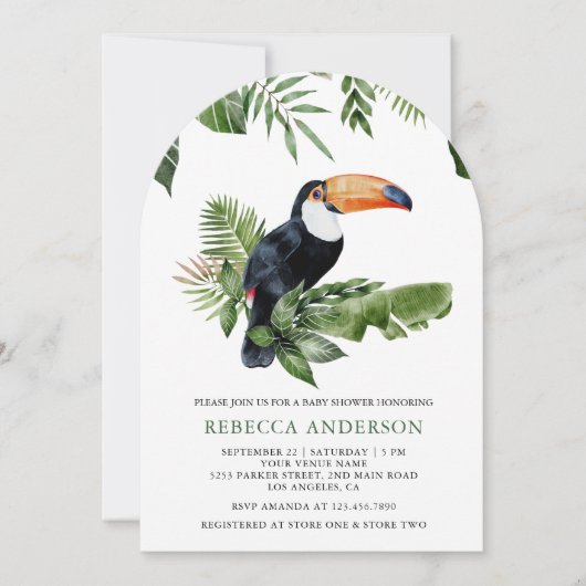 Rustic Tropical Jungle Cute Toucan Baby Shower 招待状 (正面)