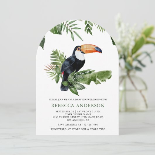Rustic Tropical Jungle Cute Toucan Baby Shower 招待状 (スタンド正面)