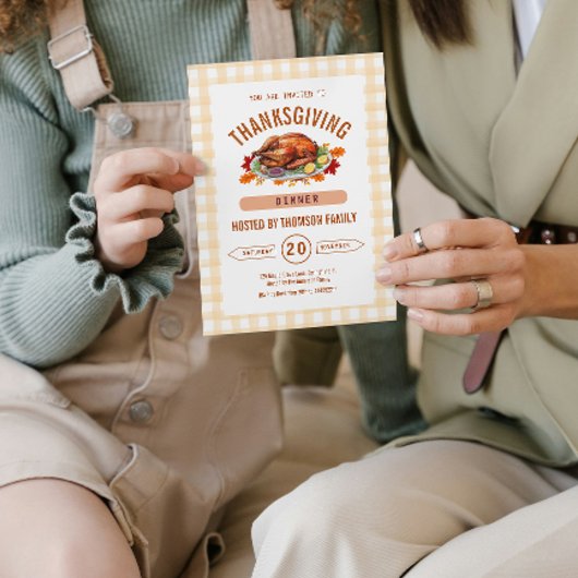 Rustic Turkey Thanksgiving Dinner Gingham Fall  招待状