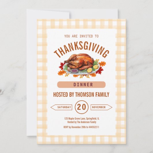 Rustic Turkey Thanksgiving Dinner Gingham Fall  招待状 (正面)